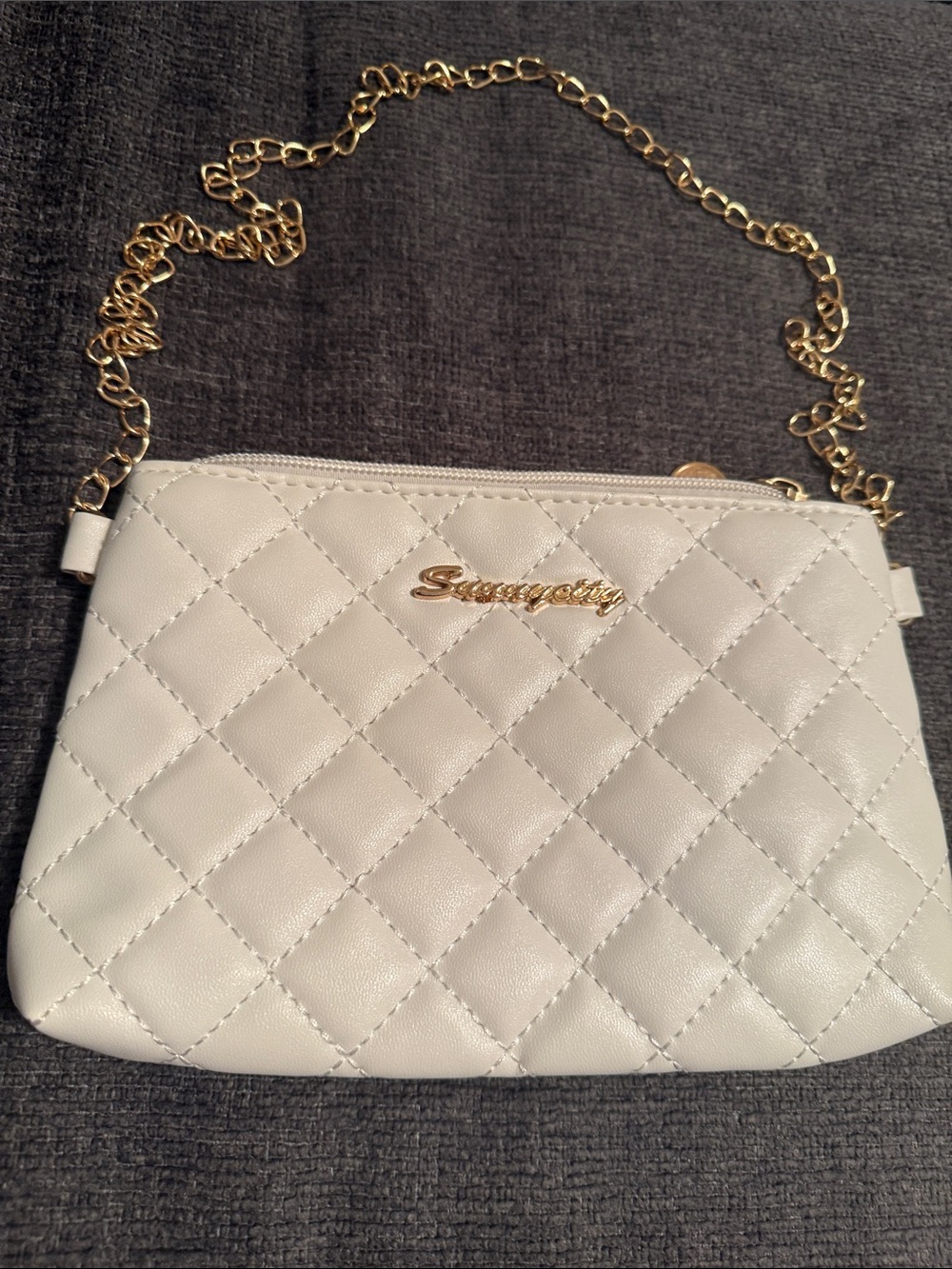 White Quilted Crossbody Bag with Gold Chain Strap